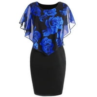 Haljina za žene, modni ženski casual ruža Print Šifon O-izrez ruffles Mini haljina tamno plava m