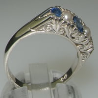 Britanci izrađeni sterlijski srebrni prirodni safir i kultivirani biserni ženski prsten - Veličine opcije - Veličina 9,75